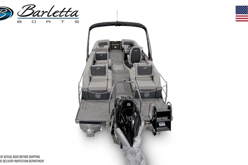 Slide: The Image of 2026 Barletta Cabrio 24M pontoon boat, spacious seating, modern design, rear view. - 3