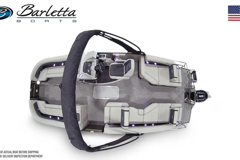 Slide: The Image of 2026 Barletta Cabrio 24M pontoon boat, top view, spacious seating, modern design. - 7