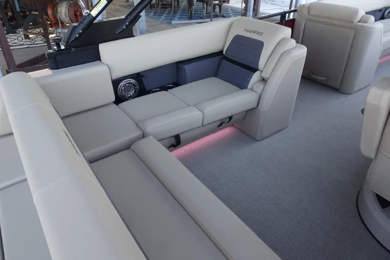 Slide: The Image of Luxurious interior of 2026 Harris Solstice 250 boat with plush seating and modern design. - 14