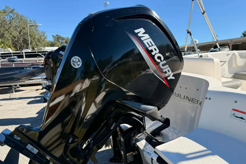 Slide: The Image of 2021 Bayliner Element E16 with Mercury outboard motor in a sunny marina setting. - 13