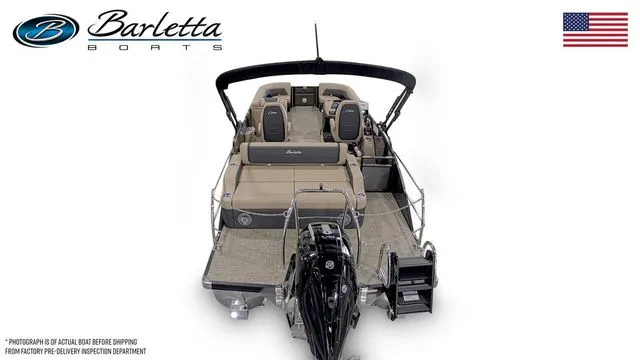 Slide: The Image of 2026 Barletta Cabrio 24UC pontoon boat, rear view, showcasing seating and motor. - 6