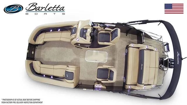 Slide: The Image of 2026 Barletta Cabrio 24UC boat interior, top view, showcasing seating and layout. - 7