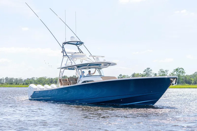 Slide: The Image of 2023 Valhalla Boatworks V-46 named "Perfectly Frank" in Ocean City, NJ, on water. - 3