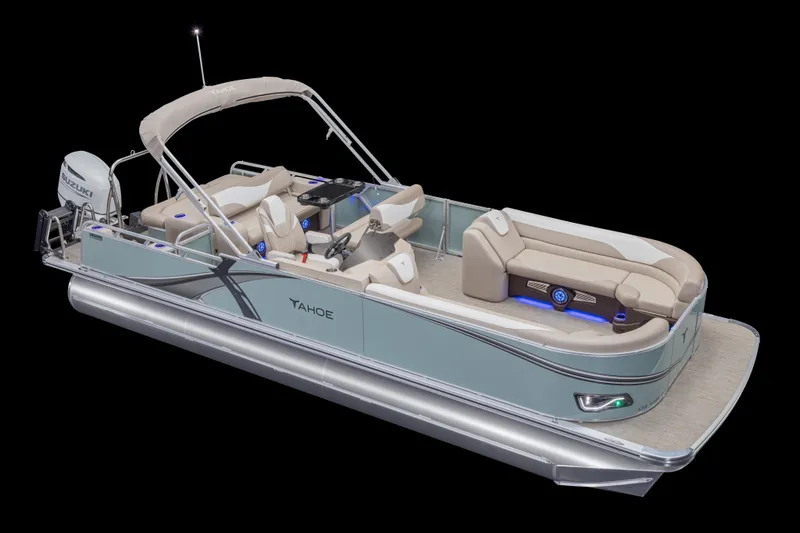 Slide: The Image of 2026 Avalon LSZ 2585 Entertainer Triple toon interior with blue and white seating, steering console. - 2