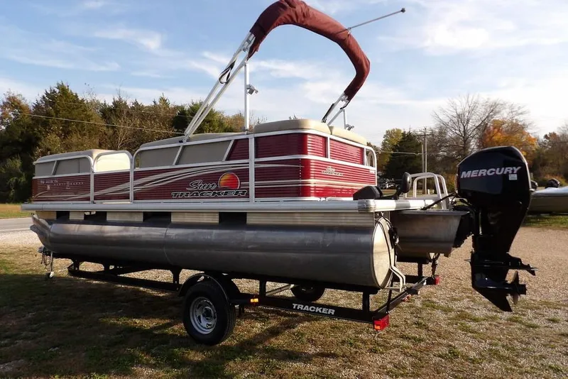 Slide: The Image of 2012 Sun Tracker Party Barge 22 DLX pontoon boat on trailer with Mercury outboard motor. - 6