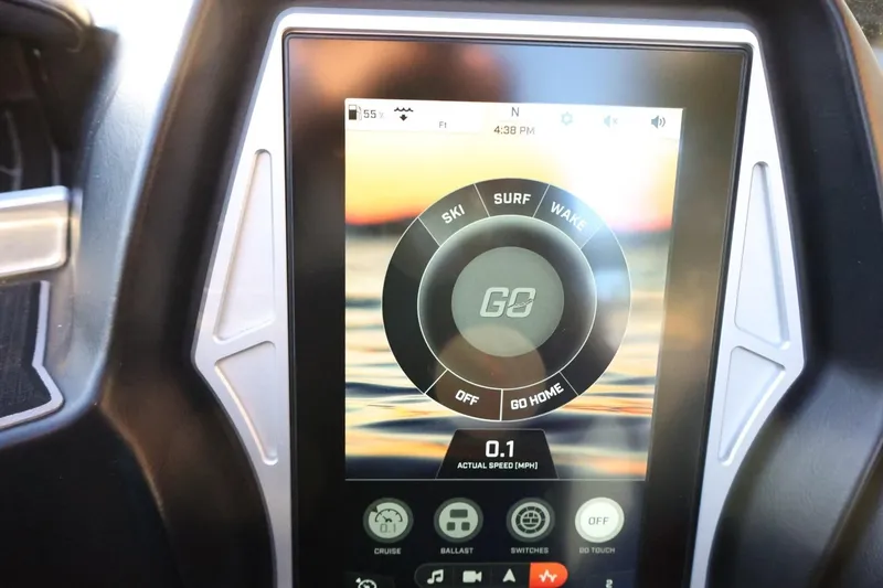 Slide: The Image of Touchscreen display in 2022 Tigé Z3 boat showing ski, surf, and wake options. - 38