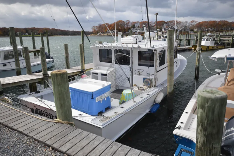 The Image of 2008 Wayne Beal EXPRESS boat docked at a marina with fishing gear and cooler. - 0