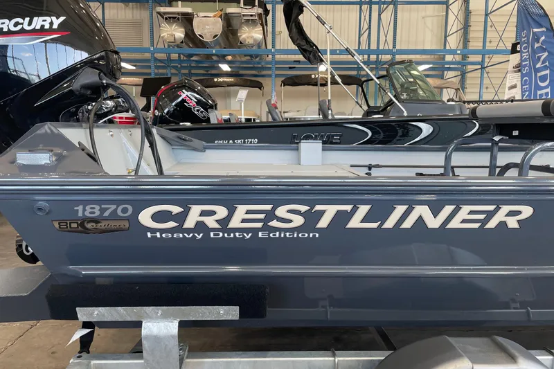 Slide: The Image of 2026 Crestliner 1870 Retriever FCC boat storage compartments open, showcasing interior space. - 21