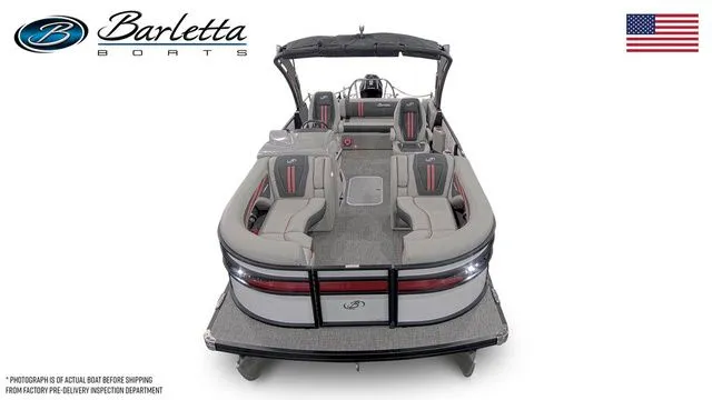 Slide: The Image of 2026 Barletta Corsa 23UCA pontoon boat, spacious seating, elegant design, American flag, Barletta logo. - 5