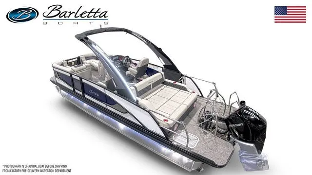 Slide: The Image of 2026 Barletta Lusso 23UCA luxury pontoon boat with sleek design and Mercury outboard motor. - 3