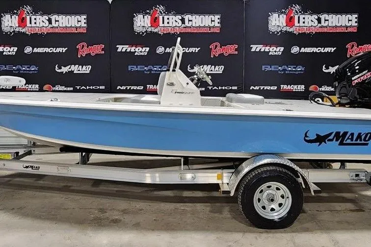 The Image of 2026 Mako Pro Skiff 17 CC boat on trailer at Anglers Choice event. - 0