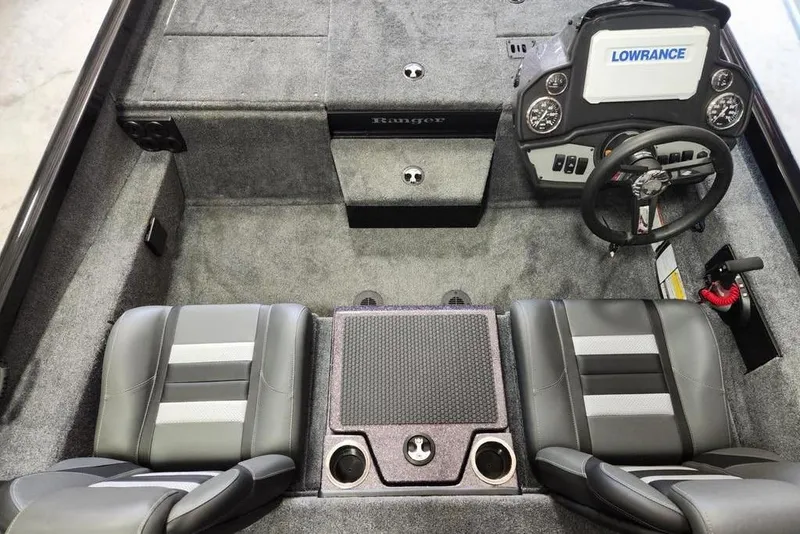 Slide: The Image of Interior of 2026 Ranger RT188P boat with dual seats and Lowrance dashboard. - 6