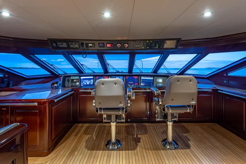 Slide: The Image of Luxurious 2007 Christensen Tri-Deck yacht helm with advanced navigation systems and panoramic ocean views. - 40