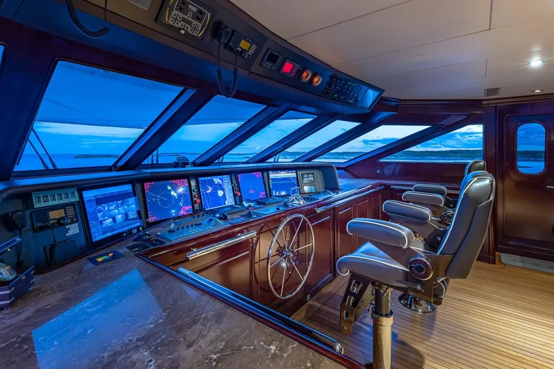 Slide: The Image of Luxurious 2007 Christensen Tri-Deck yacht helm with advanced navigation systems and panoramic ocean views. - 41