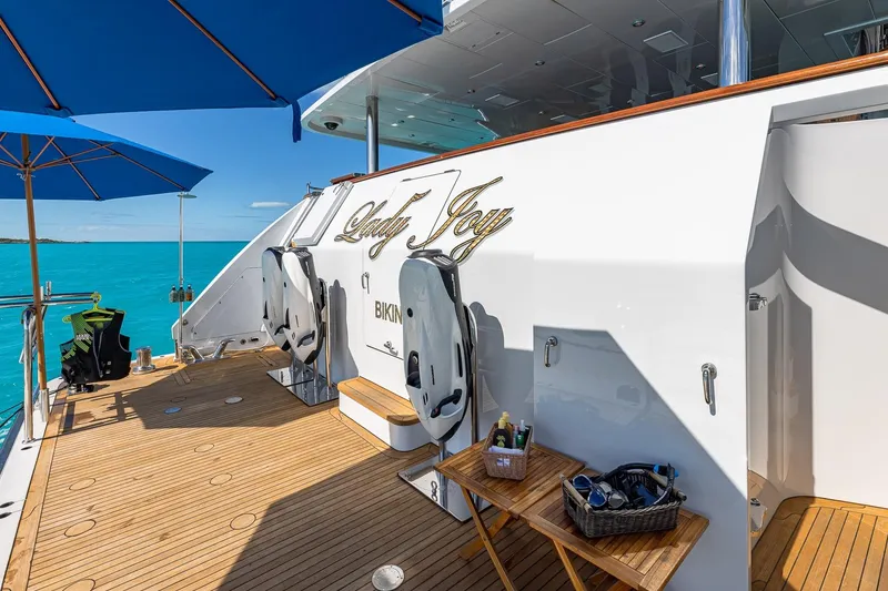 Slide: The Image of Luxurious 2007 Christensen Tri-Deck yacht deck with ocean view and diving gear. - 55