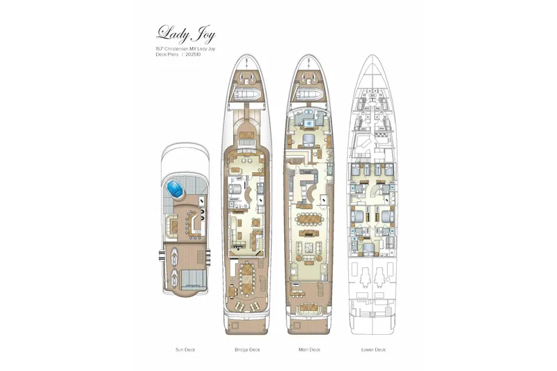 Slide: The Image of Deck plans of 2007 Christensen Tri-Deck yacht, featuring sun, bridge, main, and lower decks. - 60