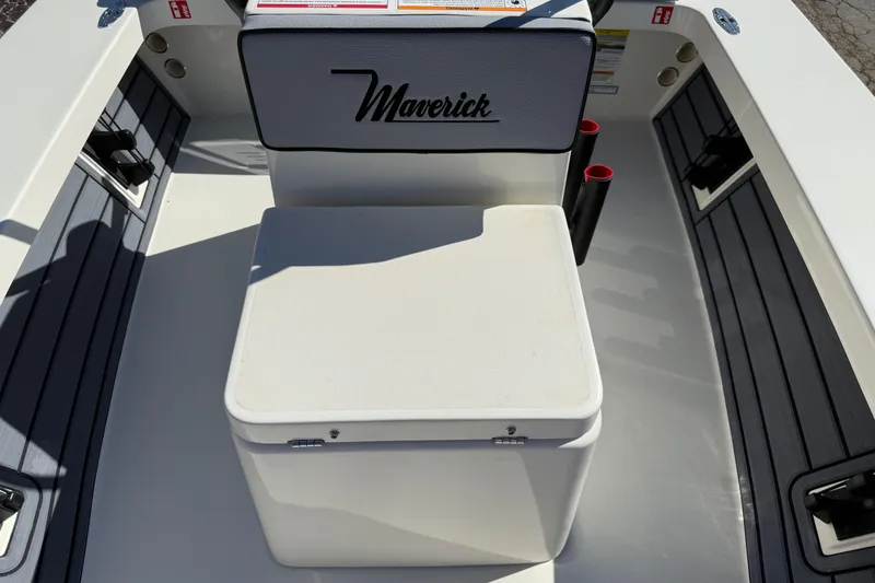Slide: The Image of 2026 Maverick 17 HPX-S boat interior with cushioned seating and storage. - 20