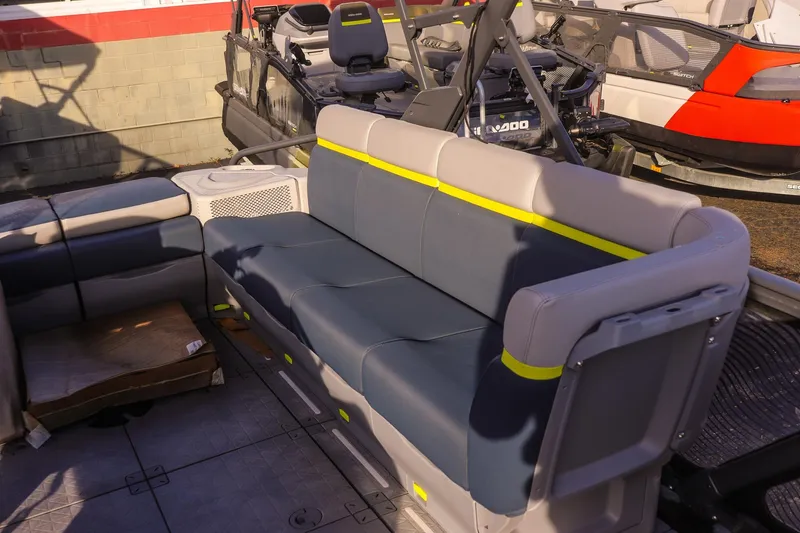 Slide: The Image of 2025 Sea-Doo Switch Cruise Limited 21 interior seating with modern design and comfortable upholstery. - 9