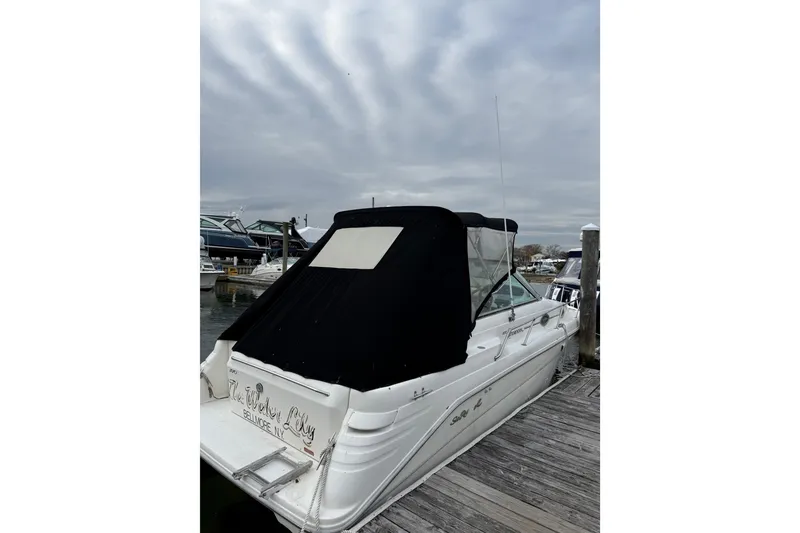 Slide: The Image of 1996 Sea Ray 270 Sundancer docked, featuring a black canopy under a cloudy sky. - 4