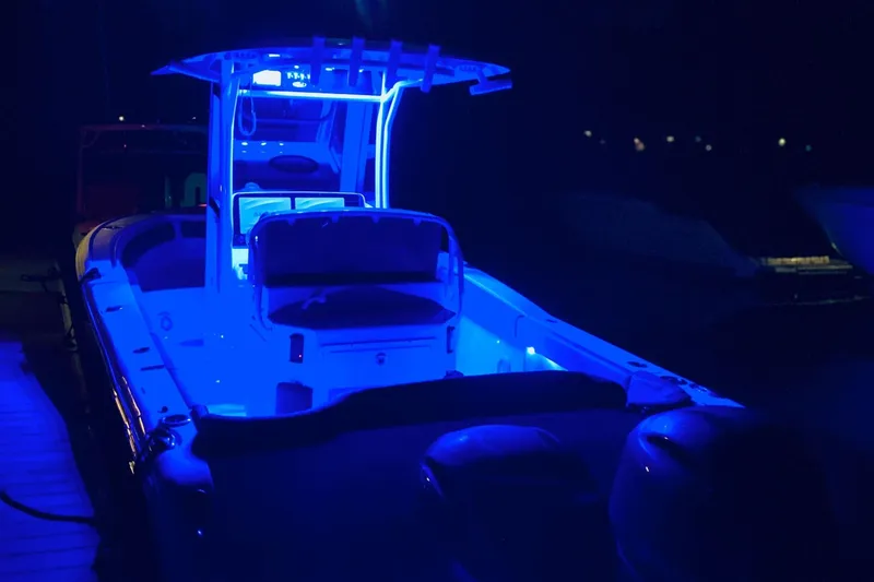 Slide: The Image of 2021 Sea Hunt Ultra 265 SE boat illuminated with blue LED lights at night. - 30