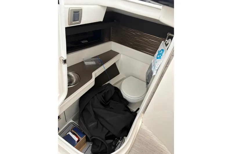Slide: The Image of Interior of 2018 Sea Ray SLX 310 boat featuring compact bathroom amenities. - 5