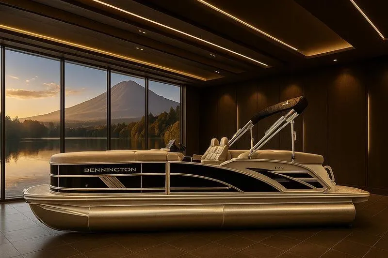 The Image of 2026 Bennington M Quad Bench 22 MFB pontoon boat in elegant showroom with scenic mountain view. - 1
