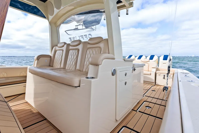 Slide: The Image of Luxurious seating on 2023 HCB 53 Suenos RXV boat with ocean view. - 10