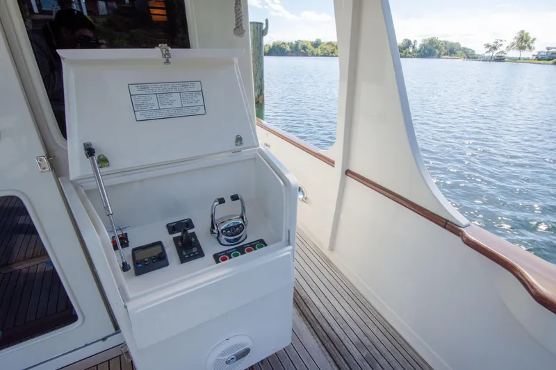 Slide: The Image of Control panel on 2015 Fleming 55 yacht, overlooking serene water and lush shoreline. - 41