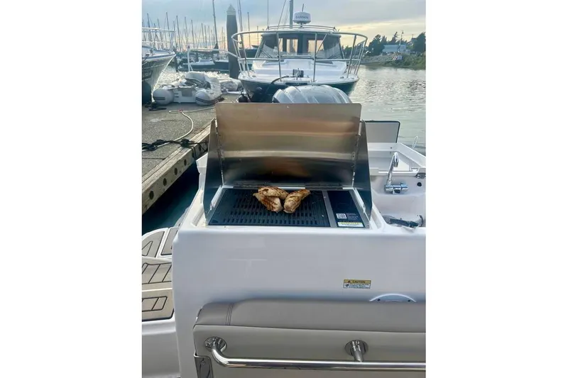 Slide: The Image of Interior view of 2025 Cutwater C-248 Coupe boat, showing dashboard and ocean horizon. - 12