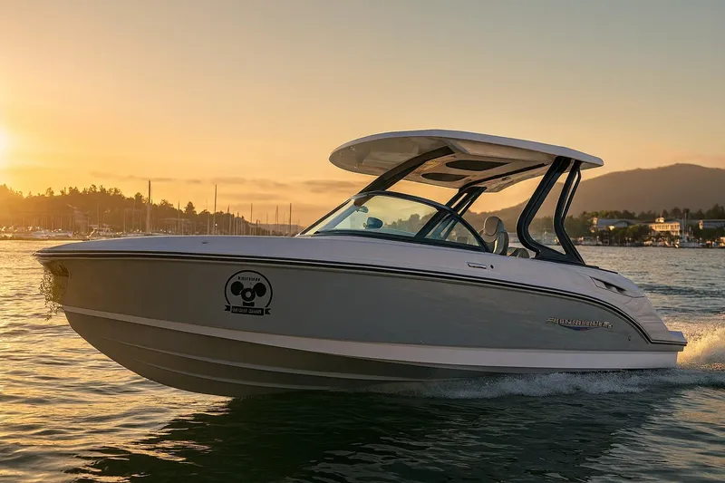 The Image of 2026 Monterey Elite 25 OB boat under sunny sky, displayed on stands. - 0