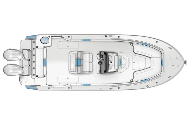 Slide: The Image of Manufacturer Provided Image: 2025 Robalo R270 Center Console boat, top view, dual engines, spacious deck layout. - 11