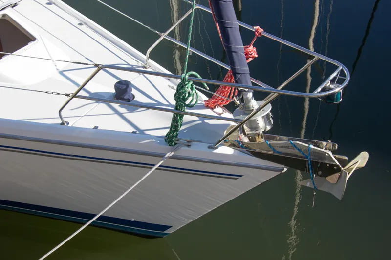 Slide: The Image of Bow of 2008 Catalina 42 MkII sailboat with anchor and ropes. - 37
