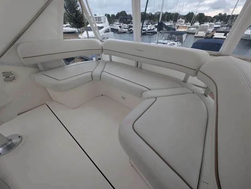 Slide: The Image of 2005 Silverton 34 Convertible yacht deck view at marina. - 14
