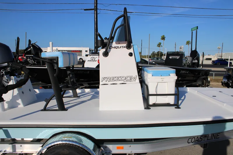 Slide: The Image of 2026 Freedom Boats Chiquita on trailer, featuring sleek design and modern amenities. - 6