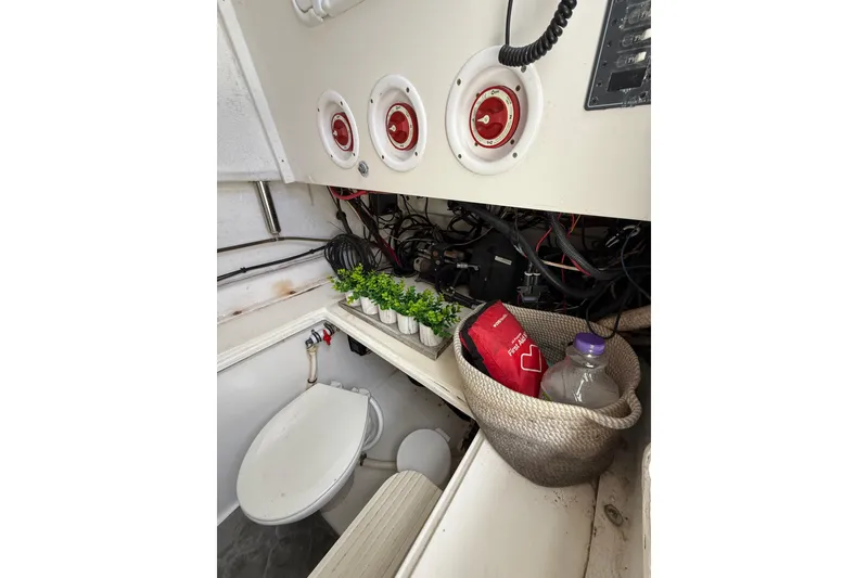 Slide: The Image of Interior of 2010 SeaHunter 40 boat with toilet, plants, and storage basket. - 23