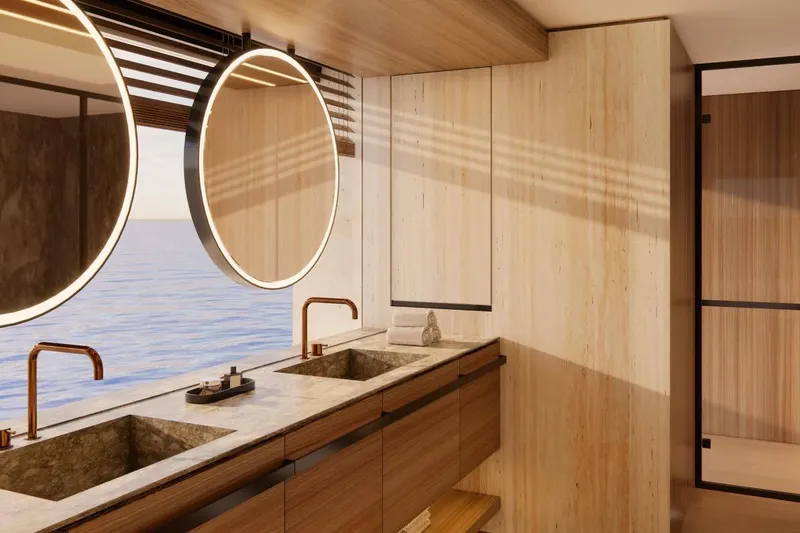 Slide: The Image of Luxurious bathroom on 2028 Benetti Oasis 42M yacht, featuring dual sinks and ocean view. - 15