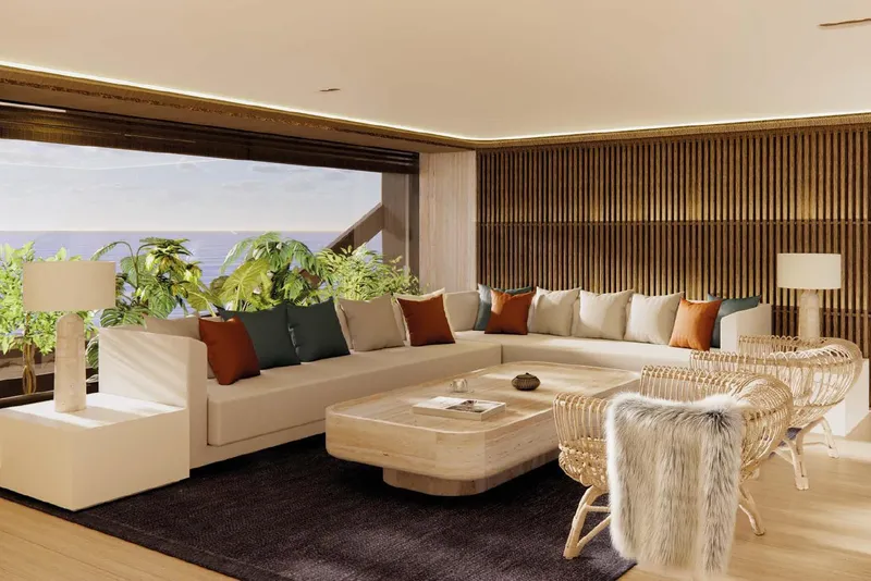 Slide: The Image of Luxurious interior of 2028 Benetti Oasis 42M yacht with elegant seating and ocean view. - 20