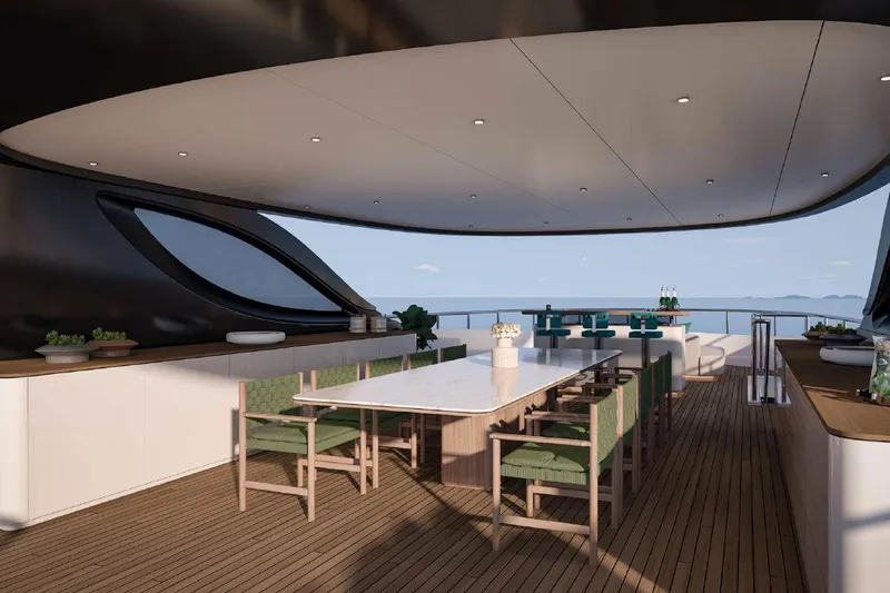 Slide: The Image of Luxurious dining area on 2028 Benetti Oasis 42M Co Ownership yacht, featuring elegant seating and ocean views. - 10