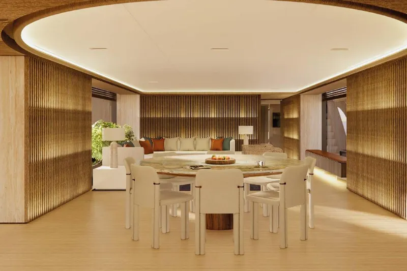 Slide: The Image of Luxurious interior of 2028 Benetti Oasis 42M Co Ownership yacht, featuring elegant dining area. - 13