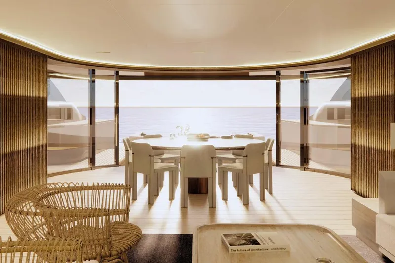 Slide: The Image of Luxurious interior of 2028 Benetti Oasis 42M yacht with elegant dining area and ocean view. - 14