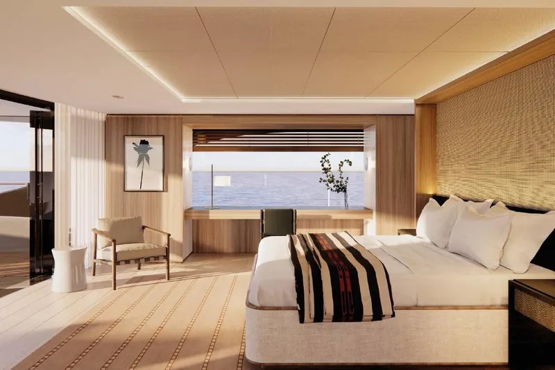 Slide: The Image of Luxurious bedroom interior on 2028 Benetti Oasis 42M Co Ownership yacht, featuring ocean view. - 16