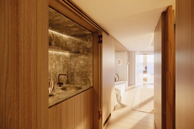 Slide: The Image of Luxurious interior of 2028 Benetti Oasis 42M yacht with elegant wood and stone finishes. - 18