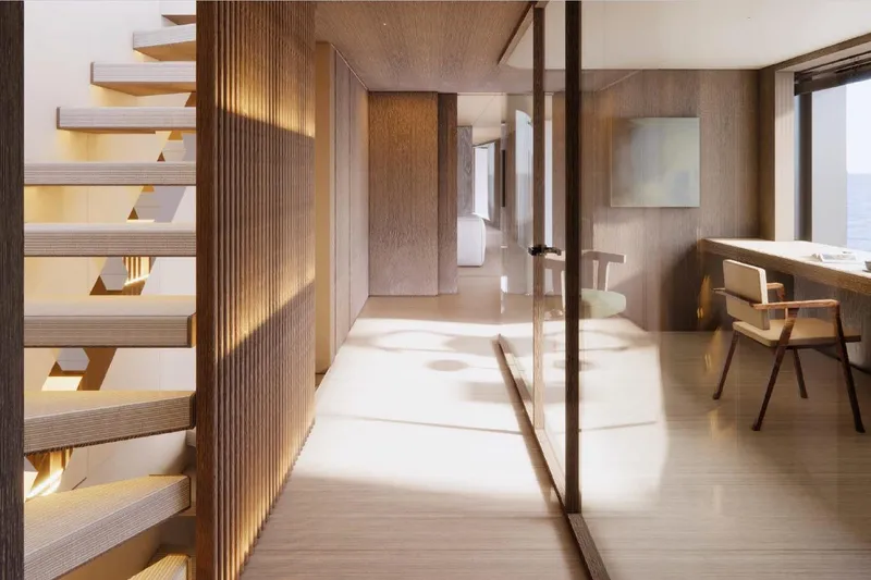 Slide: The Image of Luxurious interior of 2028 Benetti Oasis 42M yacht, featuring modern design and elegant wood finishes. - 19