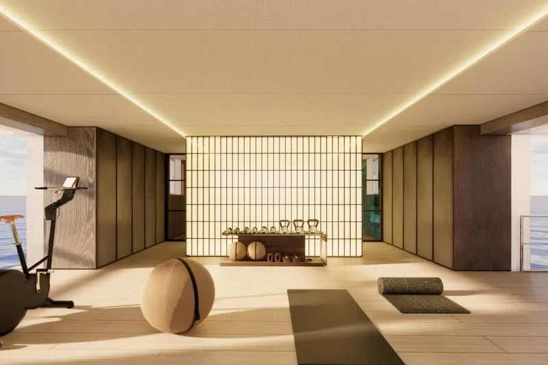 Slide: The Image of Luxurious gym on Benetti Oasis 42M yacht, featuring modern equipment and ocean views, 2028 model. - 21