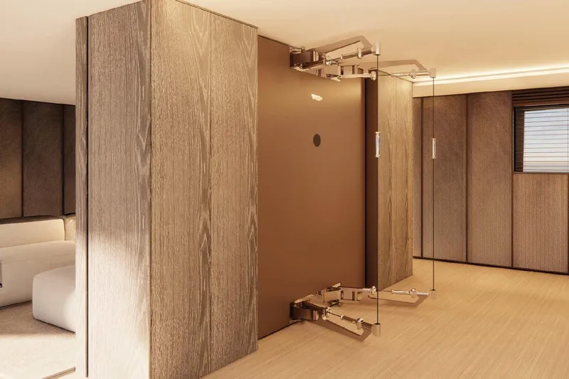 Slide: The Image of Luxurious interior of 2028 Benetti Oasis 42M yacht, featuring modern wood paneling and sleek design. - 22