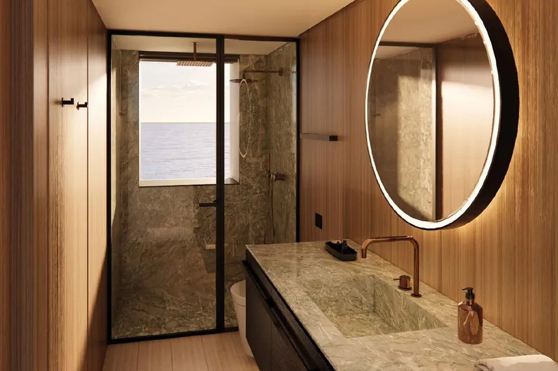 Slide: The Image of Luxurious bathroom on 2028 Benetti Oasis 42M yacht, featuring marble and wood finishes. - 26