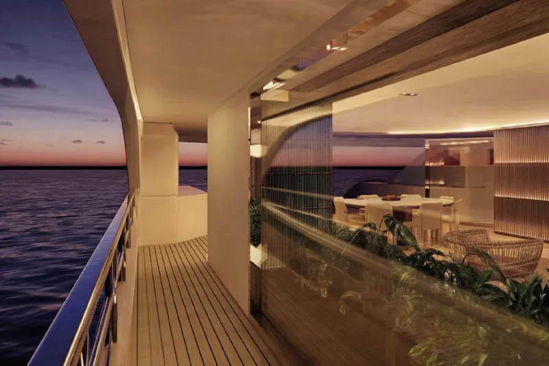Slide: The Image of Luxurious Benetti Oasis 42M yacht deck at sunset, featuring elegant outdoor dining area, 2028 model. - 28