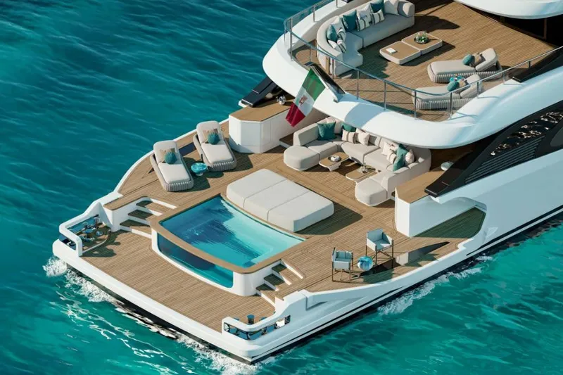 Slide: The Image of Luxurious Benetti Oasis 42M yacht, 2028 model, featuring elegant deck and pool on turquoise waters. - 7