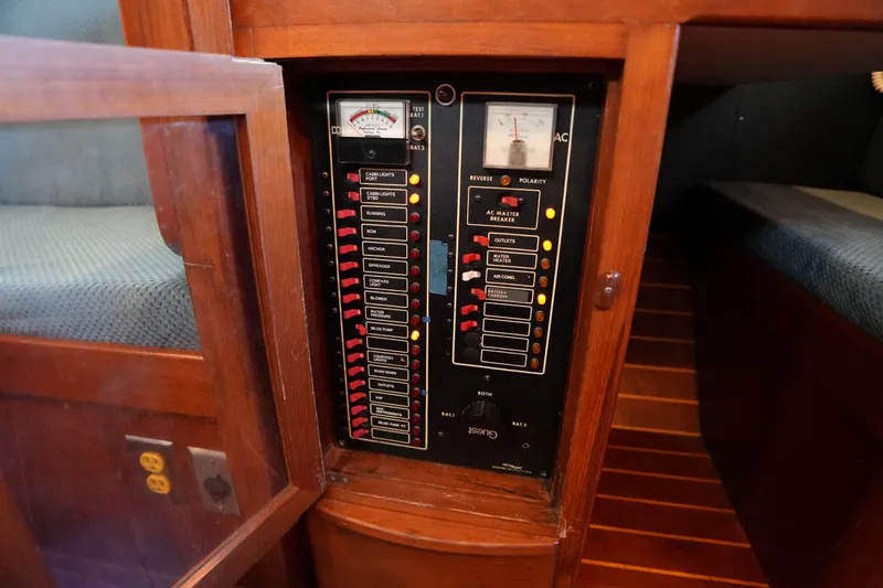Slide: The Image of Electrical panel inside 1985 Ta Chiao 38 sailboat, featuring circuit breakers and gauges. - 23