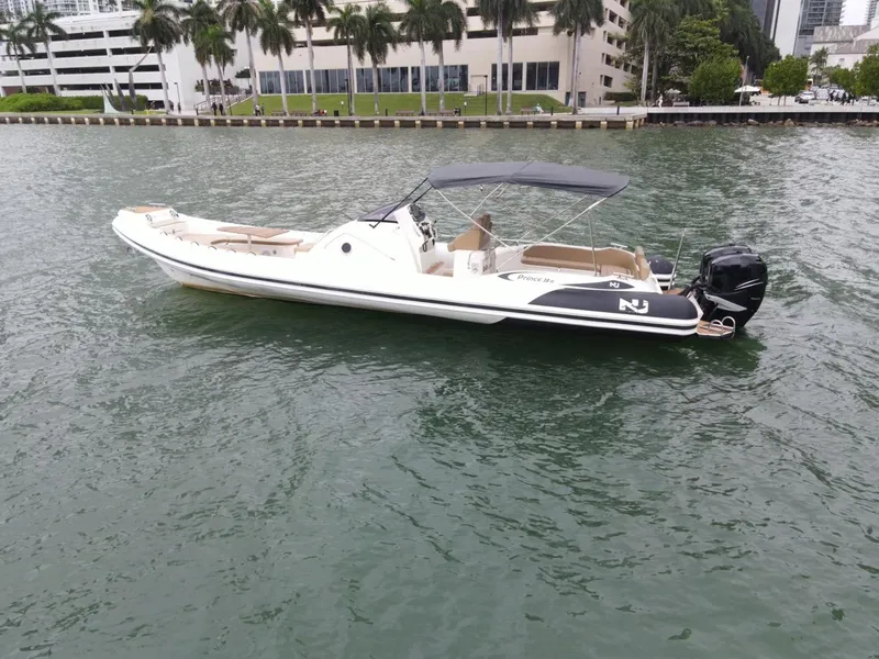 Slide: The Image of 2017 Nuova Jolly Princess boat on water, cityscape background, palm trees. - 1